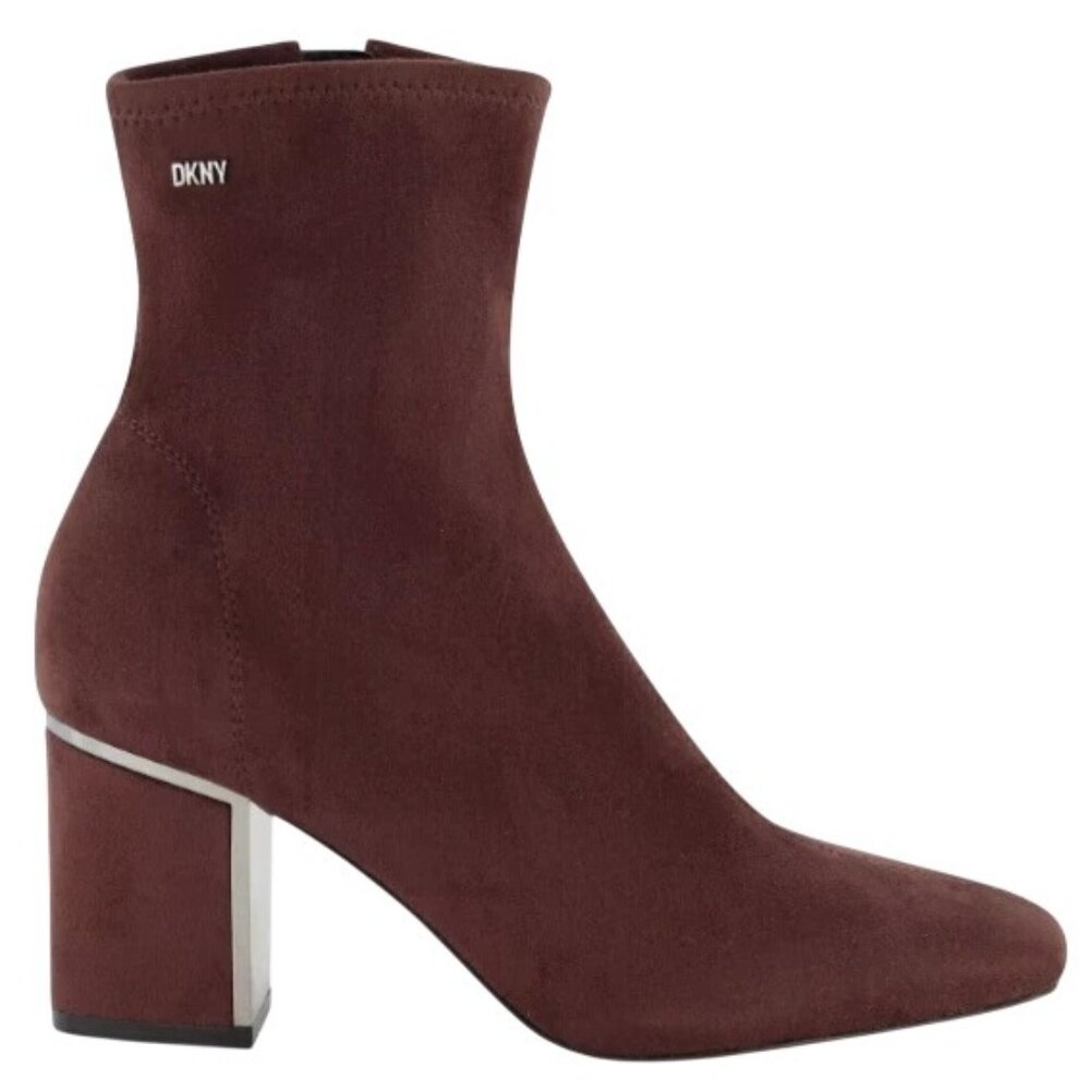 DKNY 10 Bootie Stretch Cavale Microsuede Boots Metallic Silver Brown Heel Shoes